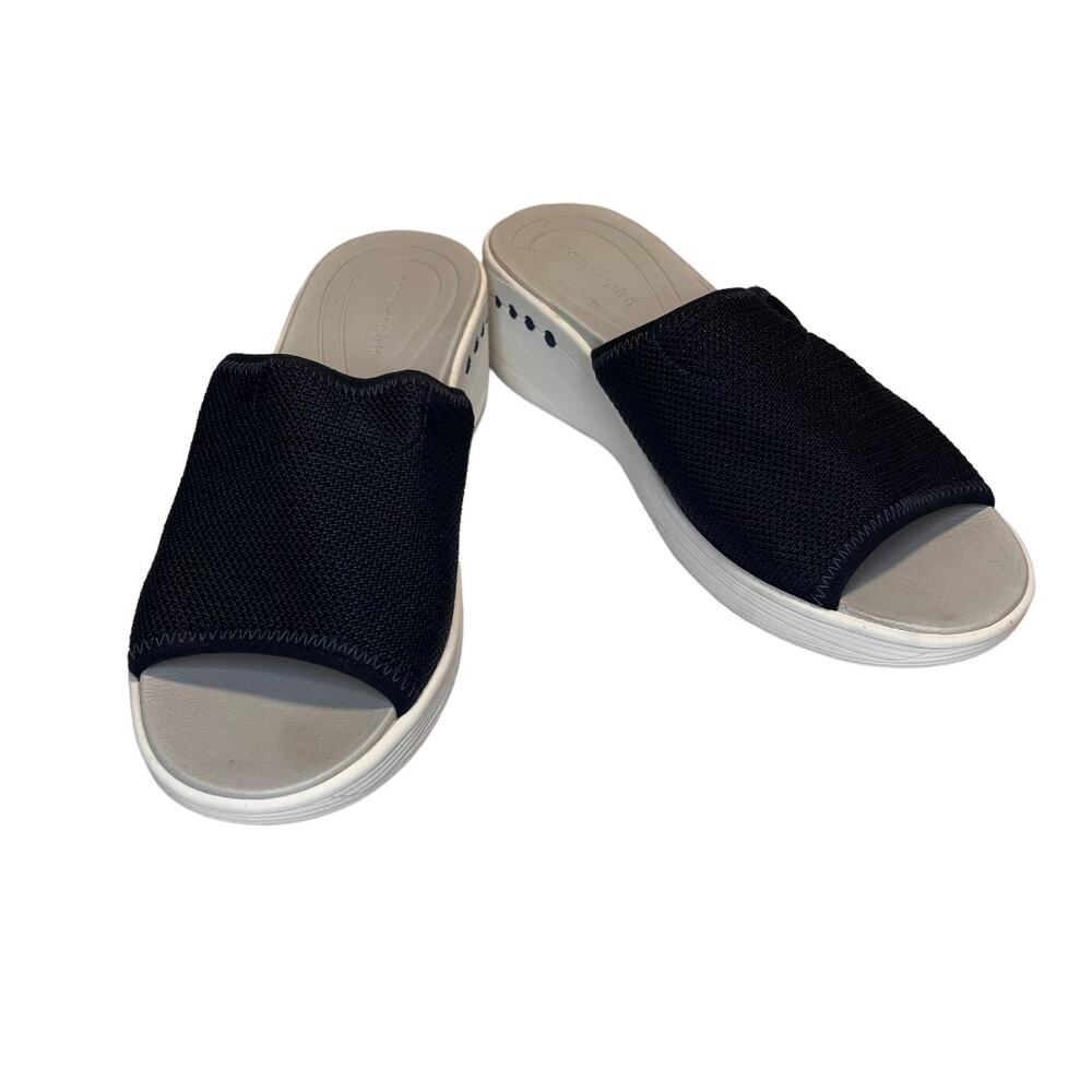 Easy Spirit peep-toe Wedge Sandal, Slip on, Navy Blue Fabric, Women's 8.5m